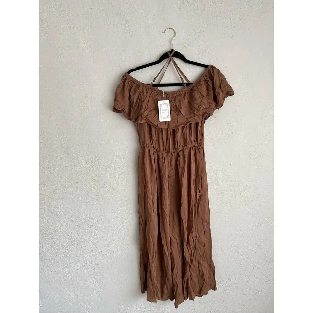 Coeur de Vague Woman Brown Ruffle Crop Off Shoulder Jumpsuit , Size Large